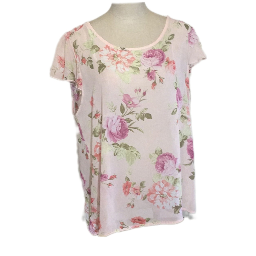 Zenobia 🛍️ Sheer Light Pink Floral Top Sz L